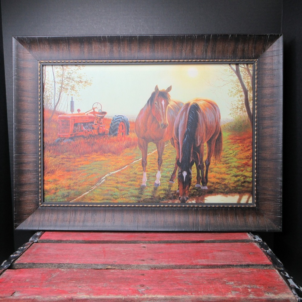 Darrell Dawson Horses & Tractor Farm Country Sunset Canvas Art Framed Print